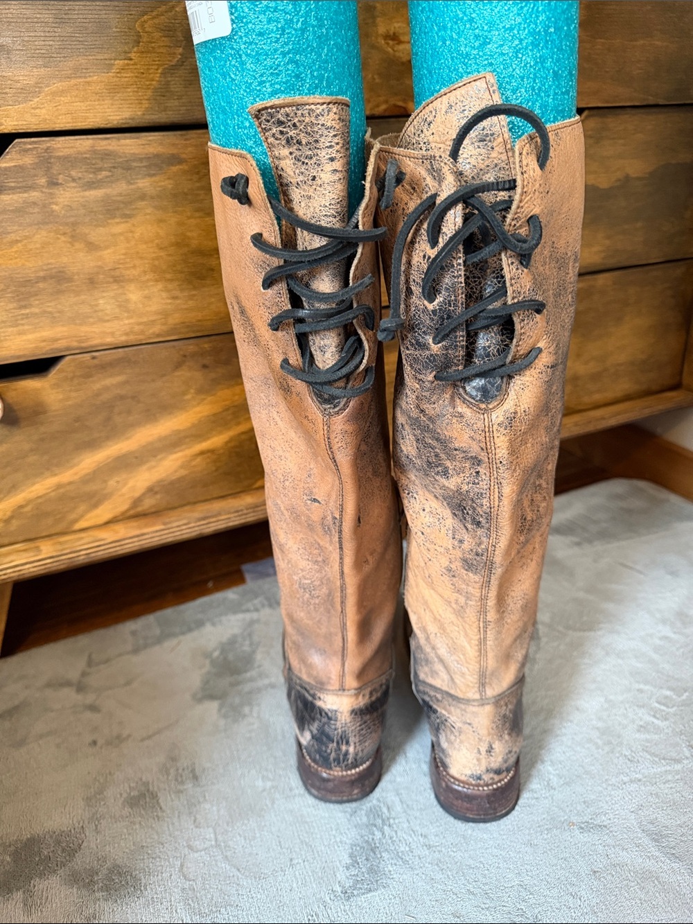 BED|STU Tan and Distressed Brown Leather Knee-High Boots - Picture 3 of 5